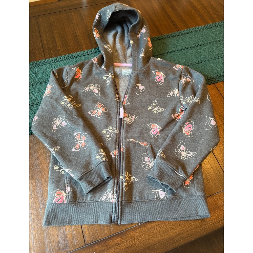 Cat & Jack Girls Gray Butterfly Print Zip Up Hoodie Sweatshirt Size L 10/12